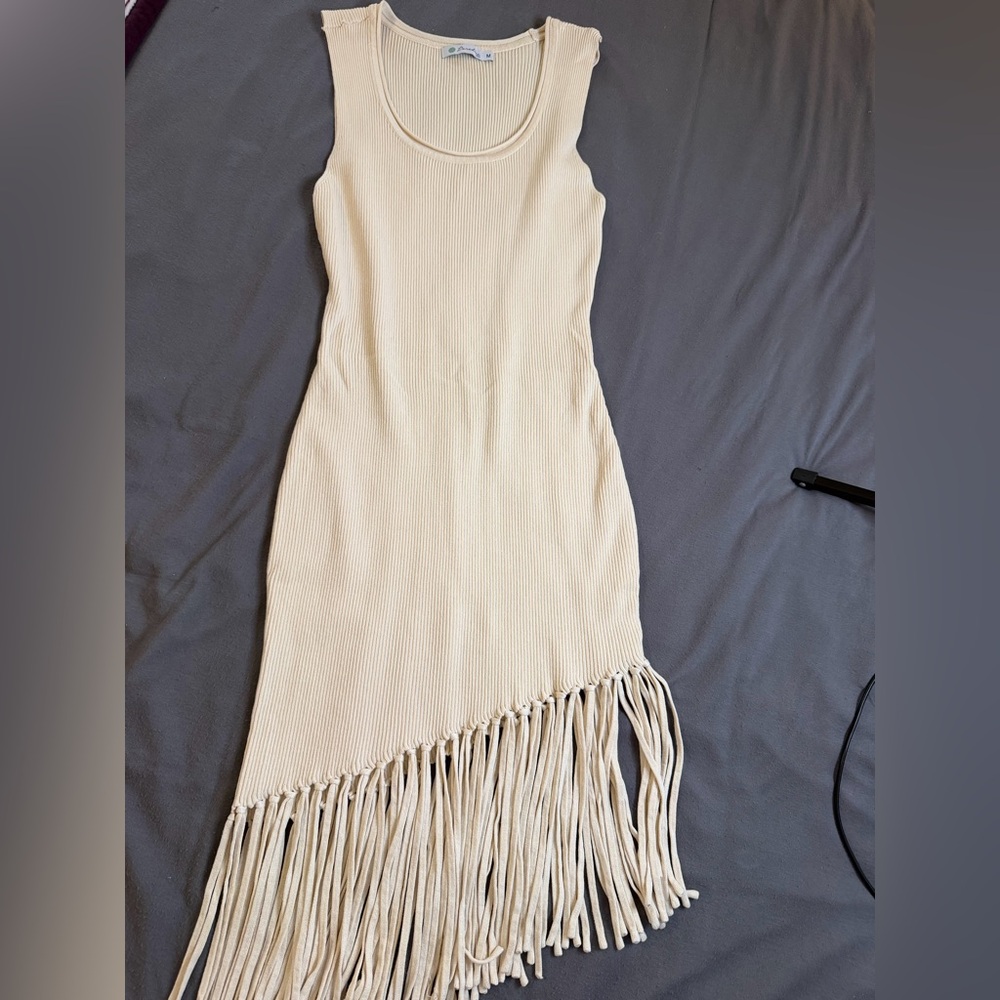Stylish Asymmetrical Beige Dress with Fringe